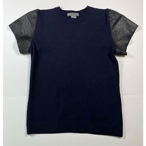 Vince 100%Wool Blue Crewneck Sweater Black Leather Short Sleeve Size Extra Small
